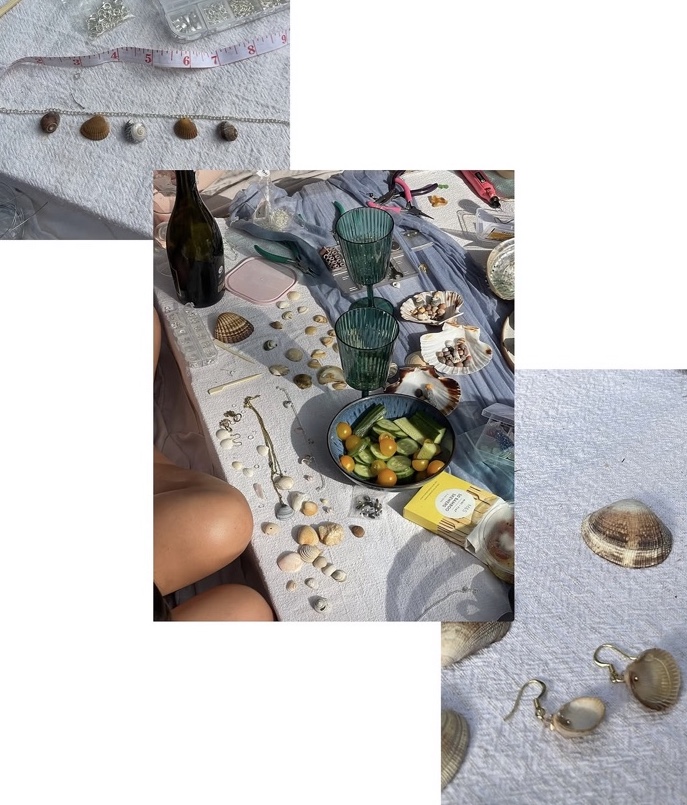 Shell jewellery making on linen with coastal picnic details